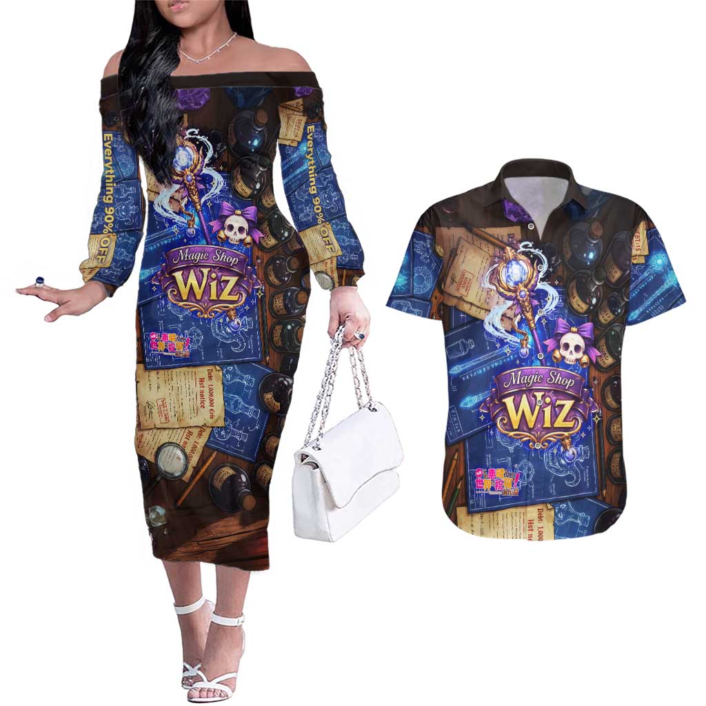 Wiz Magic Shop Couples Matching Off The Shoulder Long Sleeve Dress and Hawaiian Shirt Alchemical Fantasy Blueprint Style