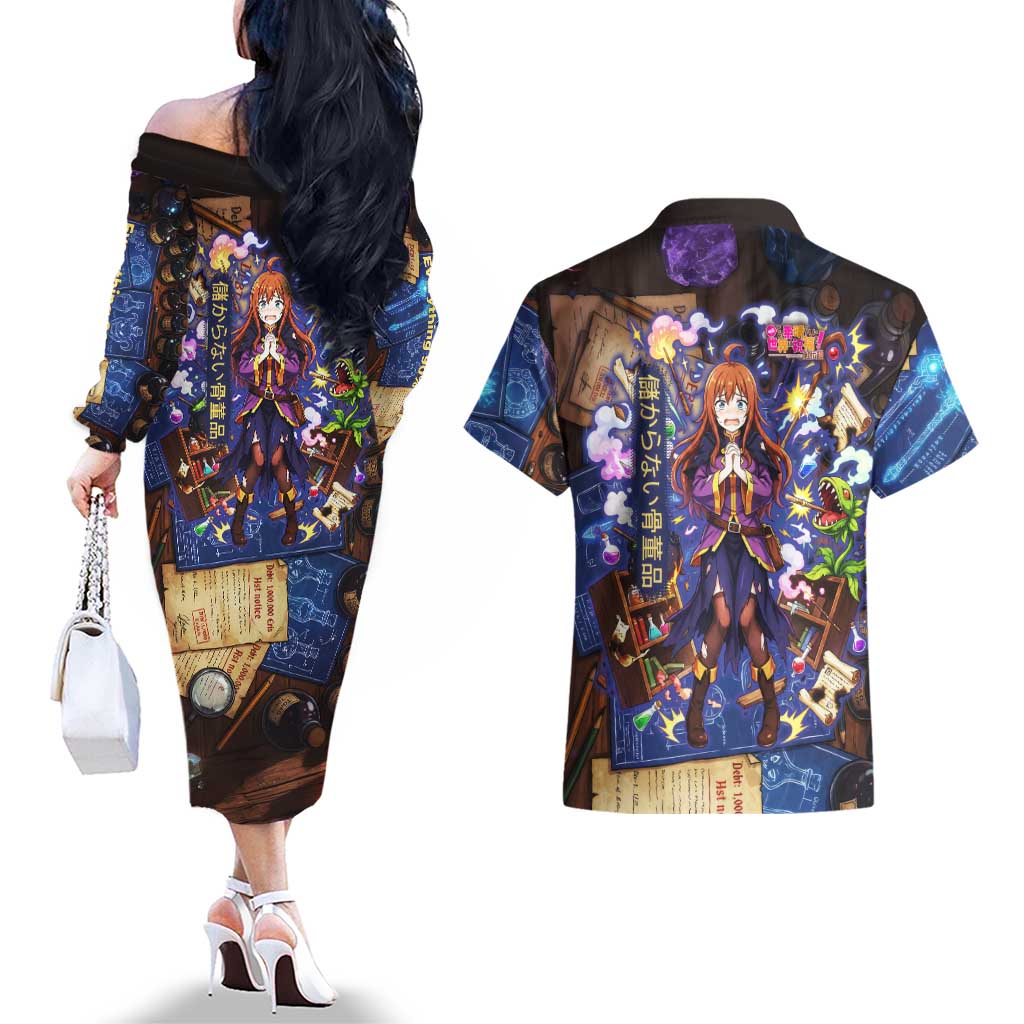 Wiz Magic Shop Couples Matching Off The Shoulder Long Sleeve Dress and Hawaiian Shirt Alchemical Fantasy Blueprint Style