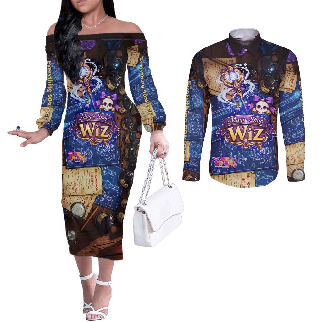 Wiz Magic Shop Couples Matching Off The Shoulder Long Sleeve Dress and Long Sleeve Button Shirt Alchemical Fantasy Blueprint Style