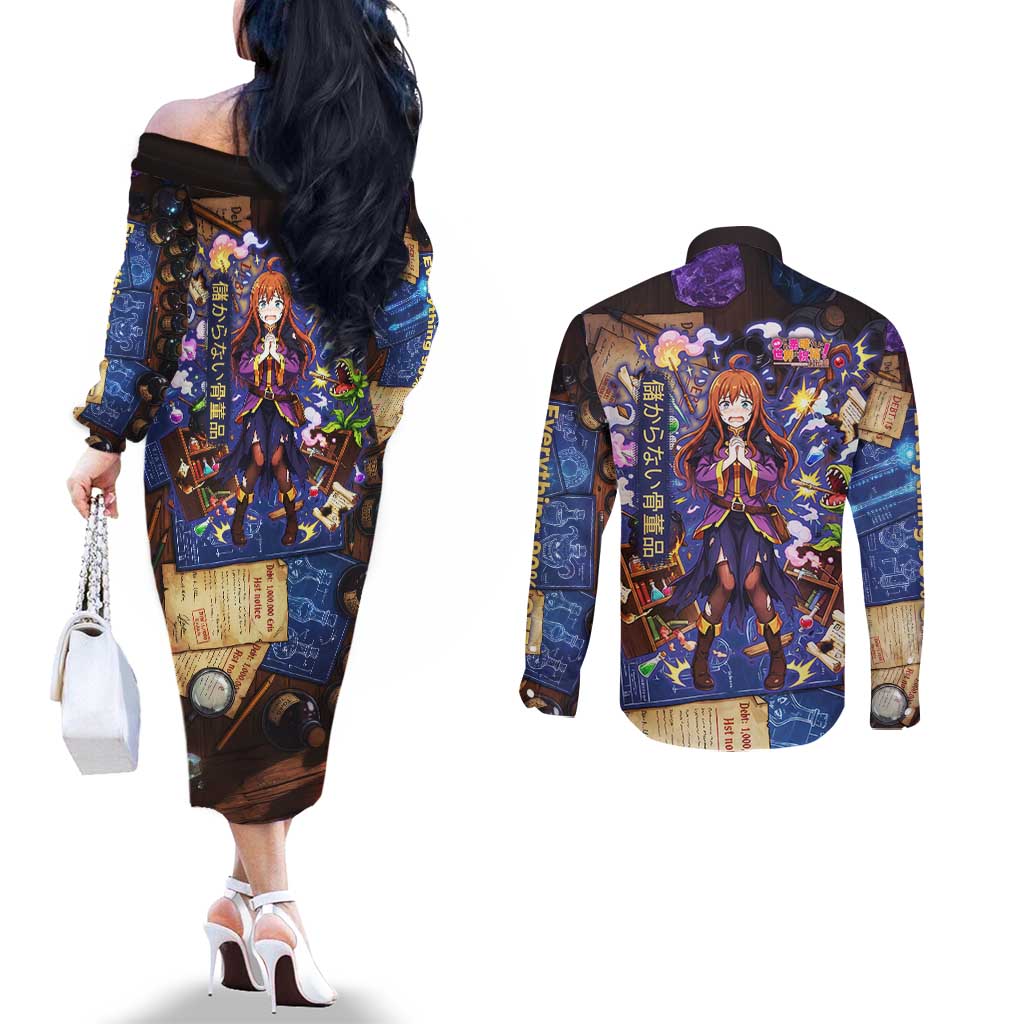 Wiz Magic Shop Couples Matching Off The Shoulder Long Sleeve Dress and Long Sleeve Button Shirt Alchemical Fantasy Blueprint Style