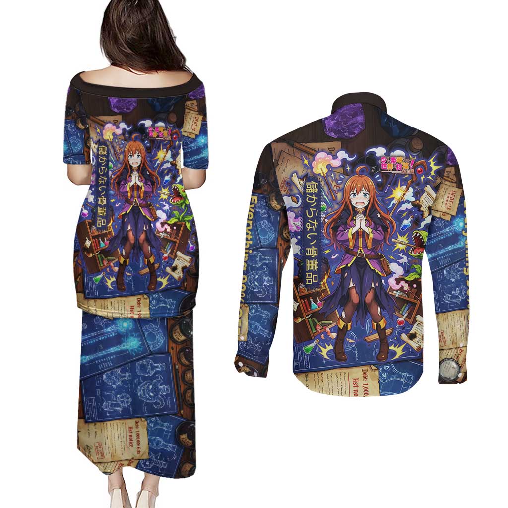 Wiz Magic Shop Couples Matching Puletasi and Long Sleeve Button Shirt Alchemical Fantasy Blueprint Style