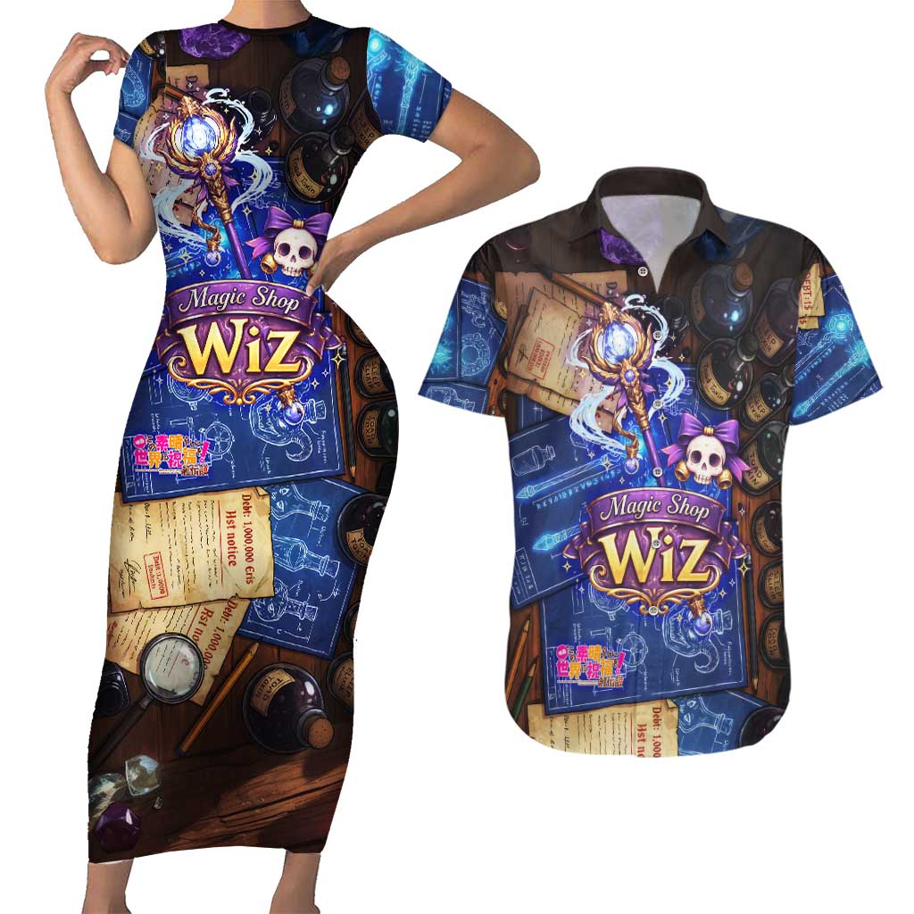 Wiz Magic Shop Couples Matching Short Sleeve Bodycon Dress and Hawaiian Shirt Alchemical Fantasy Blueprint Style