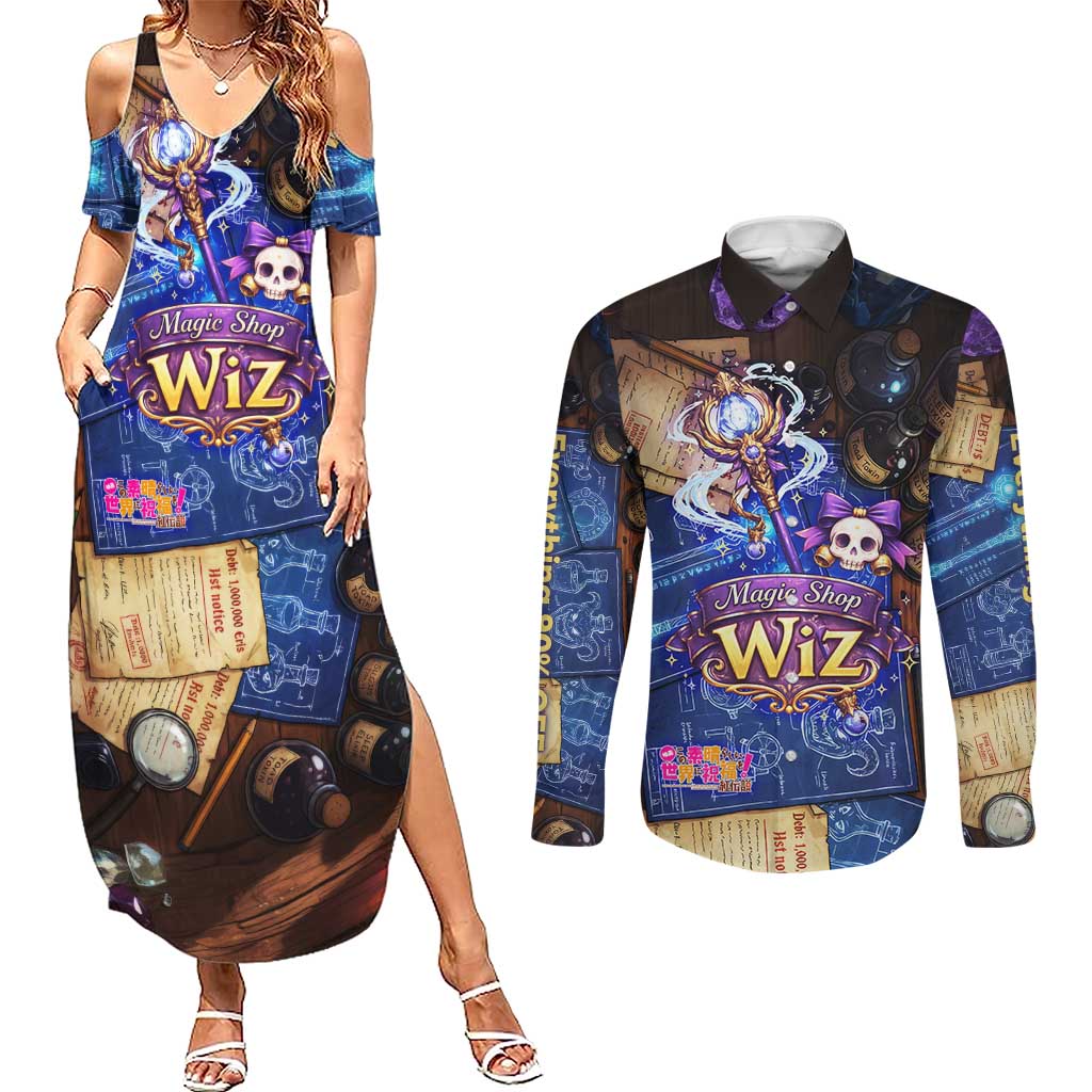 Wiz Magic Shop Couples Matching Summer Maxi Dress and Long Sleeve Button Shirt Alchemical Fantasy Blueprint Style