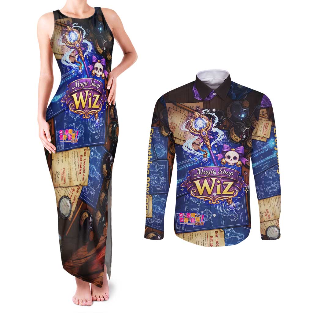 Wiz Magic Shop Couples Matching Tank Maxi Dress and Long Sleeve Button Shirt Alchemical Fantasy Blueprint Style