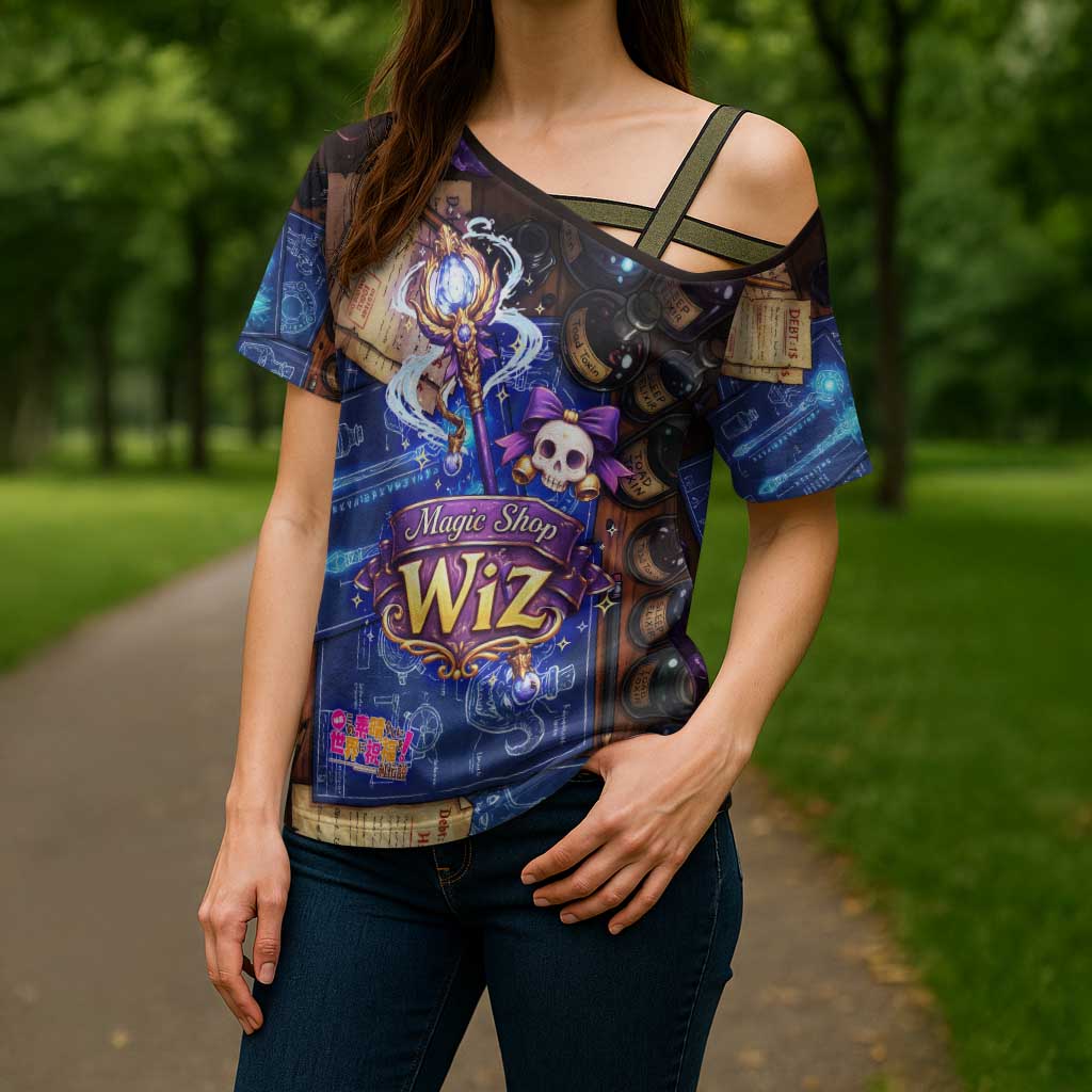 Wiz Magic Shop Cross Shoulder Shirt Alchemical Fantasy Blueprint Style