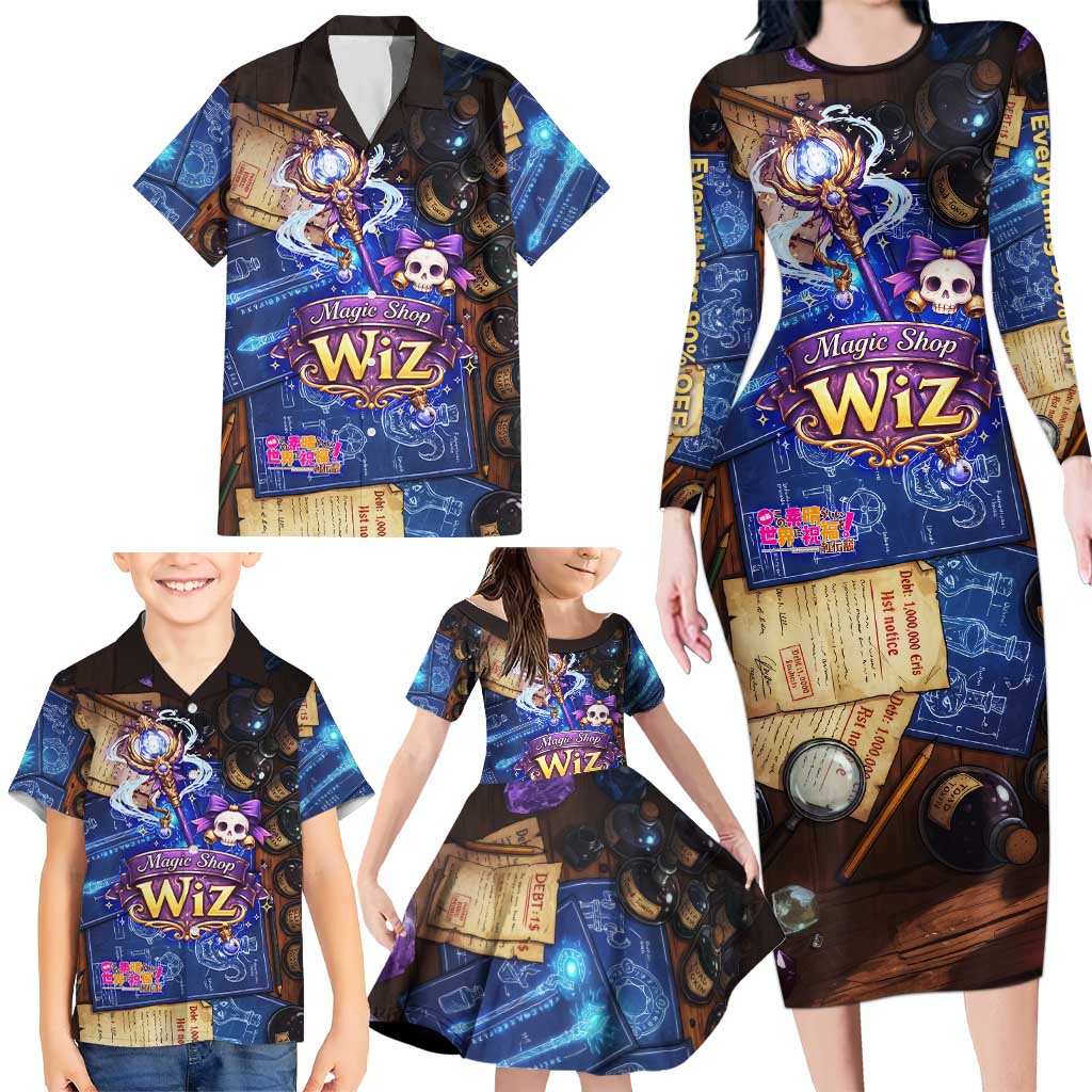 Wiz Magic Shop Family Matching Long Sleeve Bodycon Dress and Hawaiian Shirt Alchemical Fantasy Blueprint Style