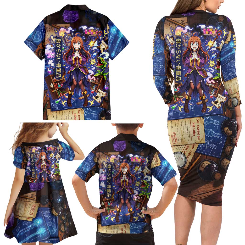 Wiz Magic Shop Family Matching Long Sleeve Bodycon Dress and Hawaiian Shirt Alchemical Fantasy Blueprint Style