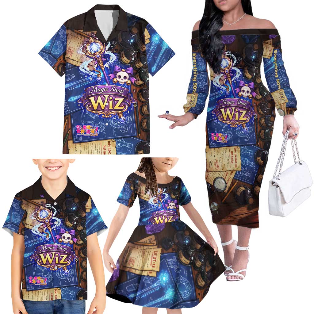 Wiz Magic Shop Family Matching Off The Shoulder Long Sleeve Dress and Hawaiian Shirt Alchemical Fantasy Blueprint Style