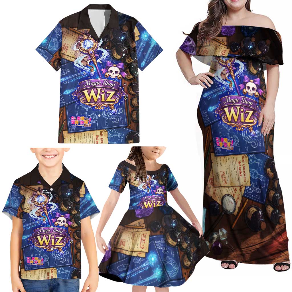 Wiz Magic Shop Family Matching Off Shoulder Maxi Dress and Hawaiian Shirt Alchemical Fantasy Blueprint Style