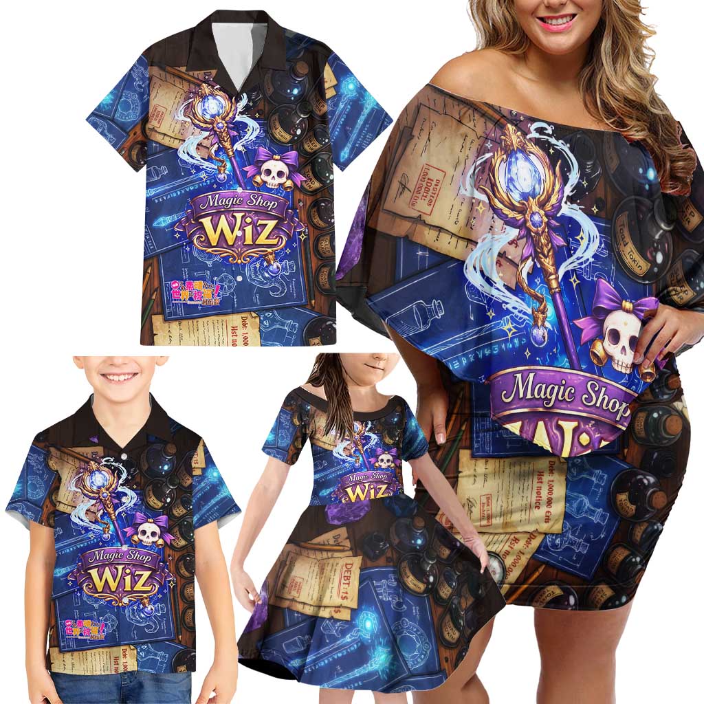 Wiz Magic Shop Family Matching Off Shoulder Short Dress and Hawaiian Shirt Alchemical Fantasy Blueprint Style