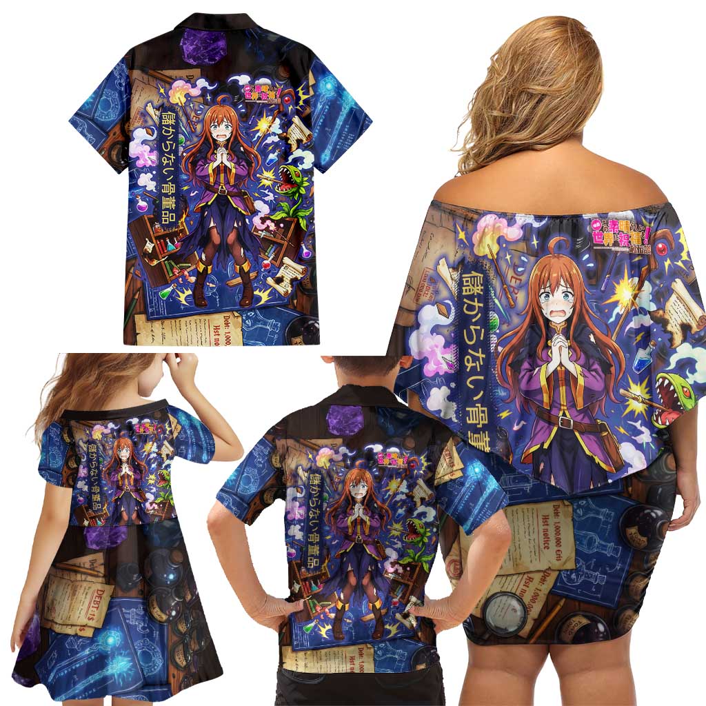 Wiz Magic Shop Family Matching Off Shoulder Short Dress and Hawaiian Shirt Alchemical Fantasy Blueprint Style