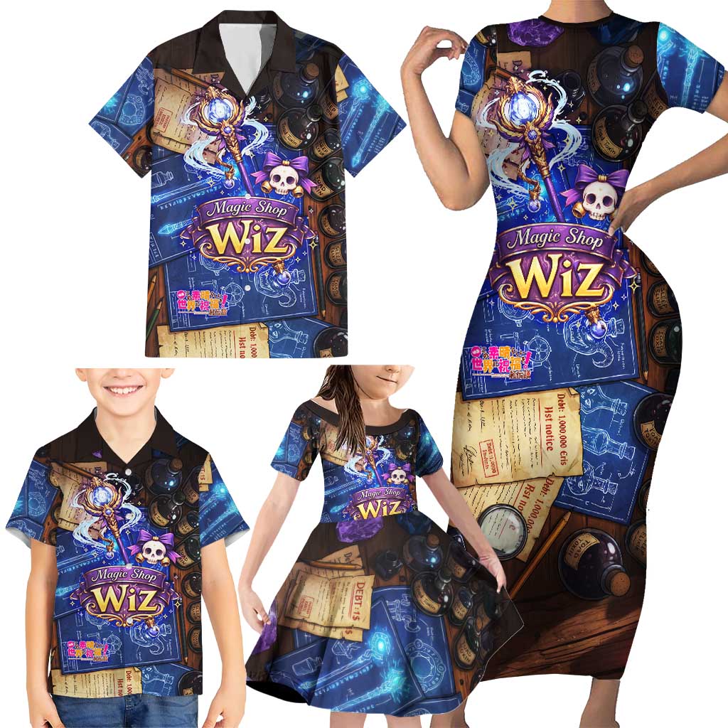 Wiz Magic Shop Family Matching Short Sleeve Bodycon Dress and Hawaiian Shirt Alchemical Fantasy Blueprint Style
