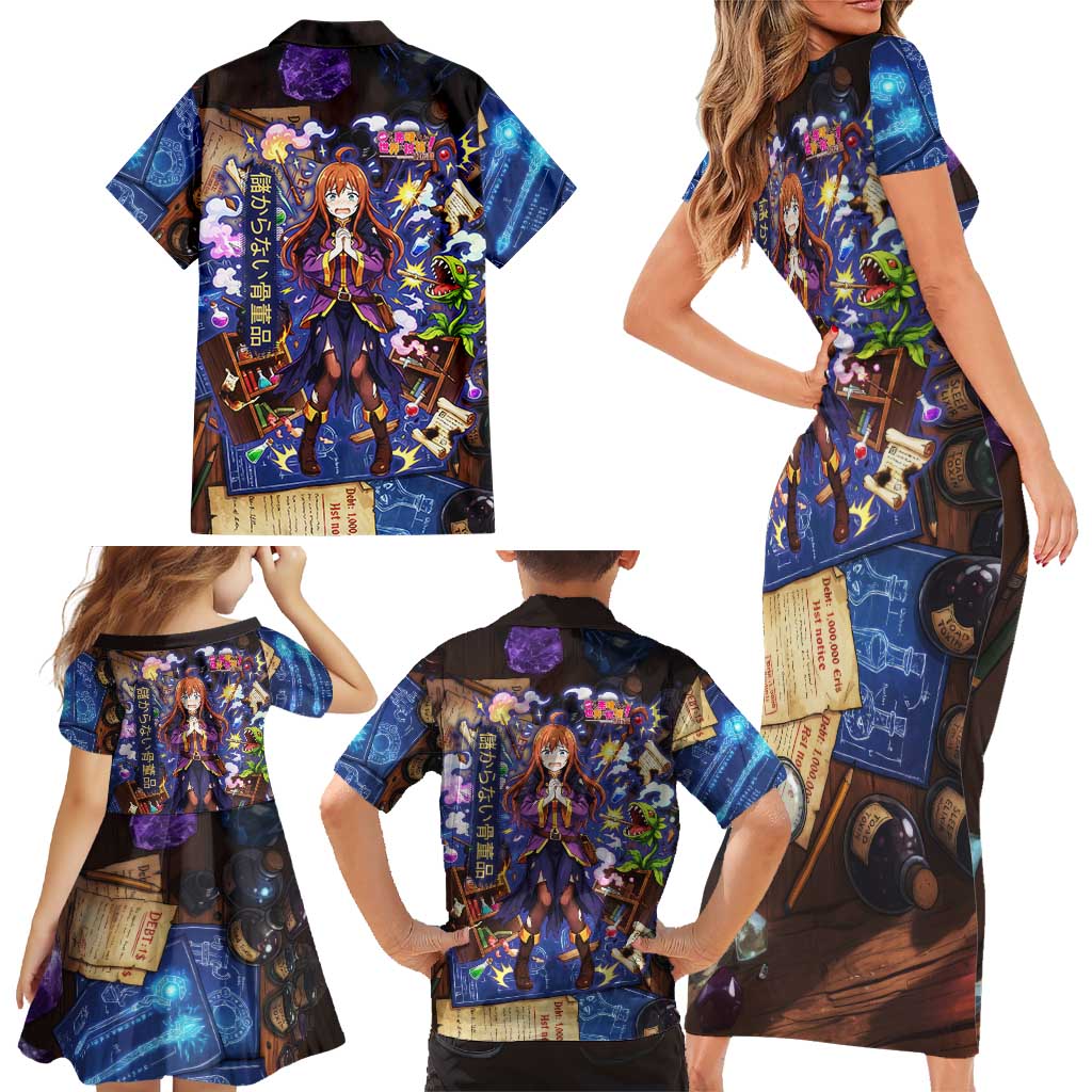 Wiz Magic Shop Family Matching Short Sleeve Bodycon Dress and Hawaiian Shirt Alchemical Fantasy Blueprint Style