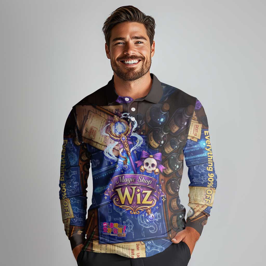 Wiz Magic Shop Long Sleeve Polo Shirt Alchemical Fantasy Blueprint Style