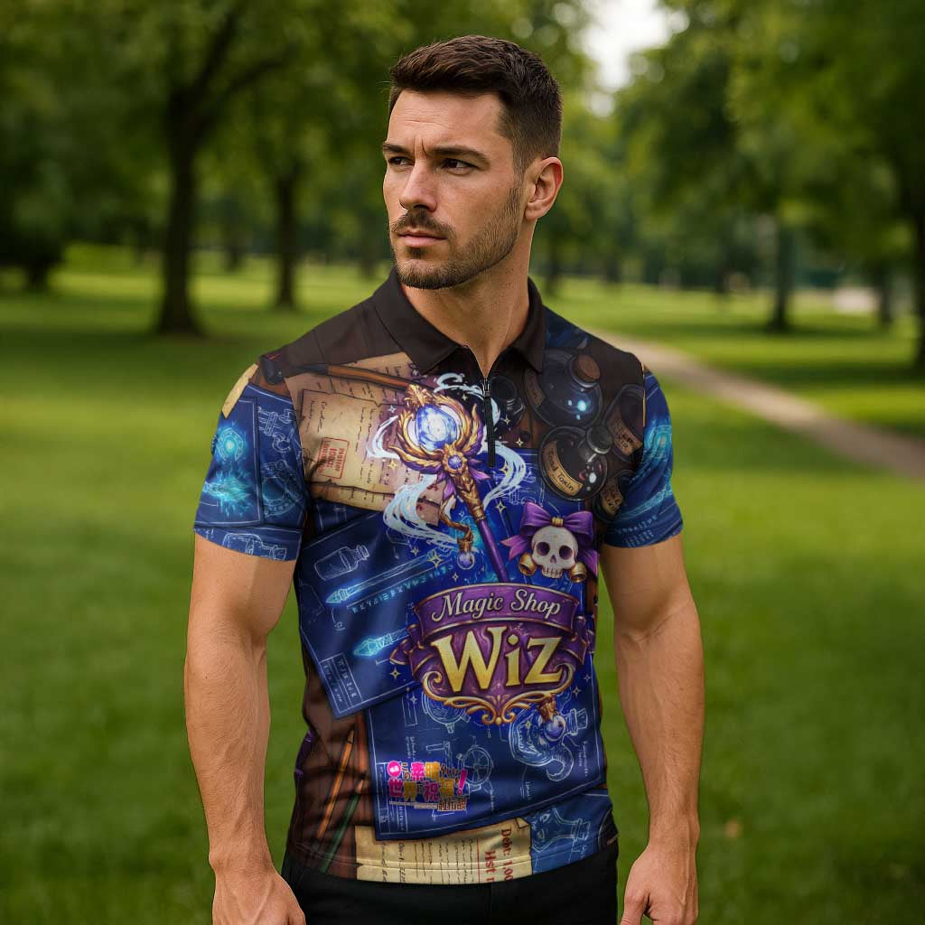 Wiz Magic Shop Zipper Polo Shirt Alchemical Fantasy Blueprint Style