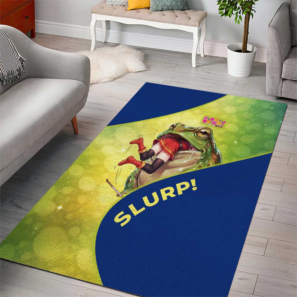 Giant Toad Encounter Area Rug Comedic Fantasy Creature Art Style