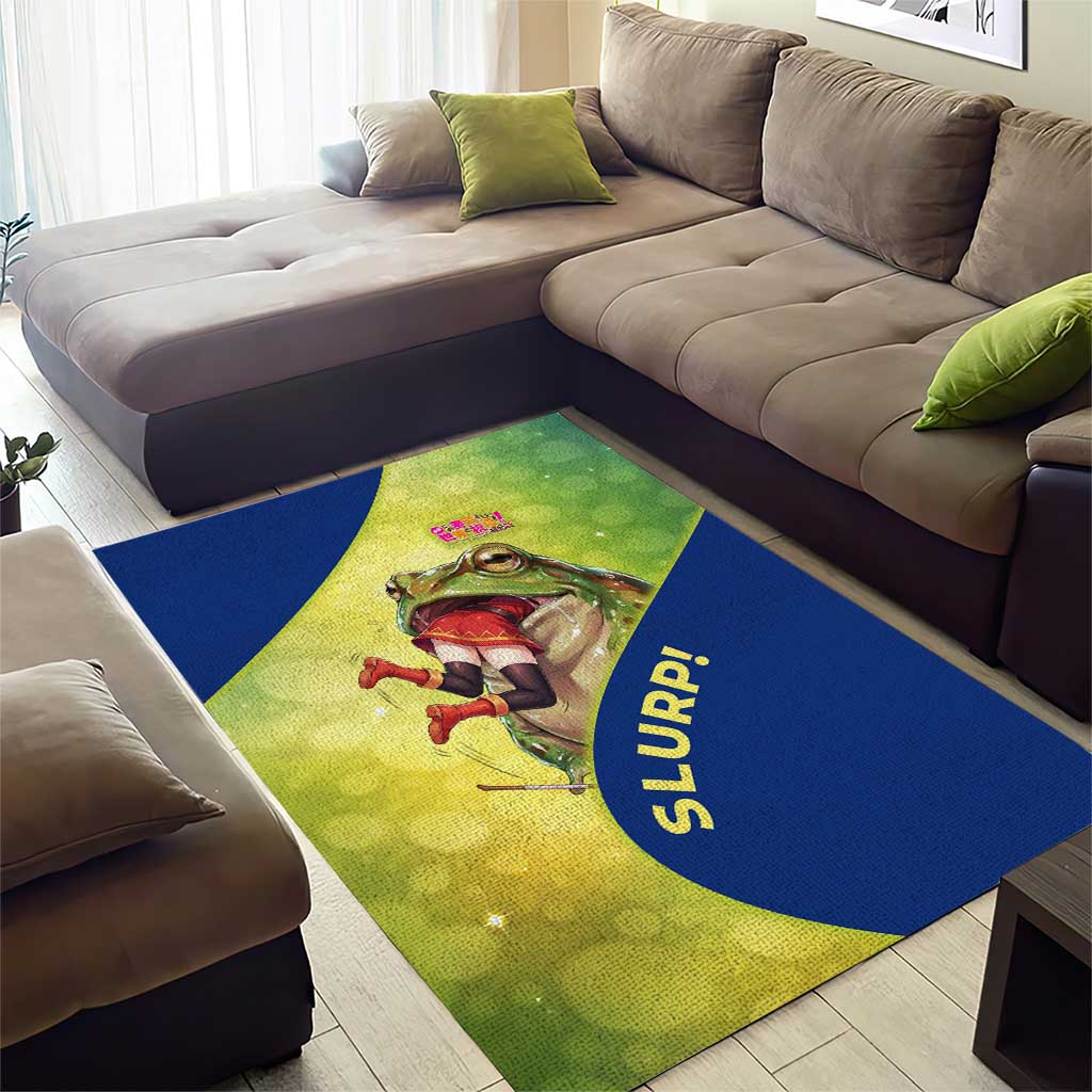 Giant Toad Encounter Area Rug Comedic Fantasy Creature Art Style