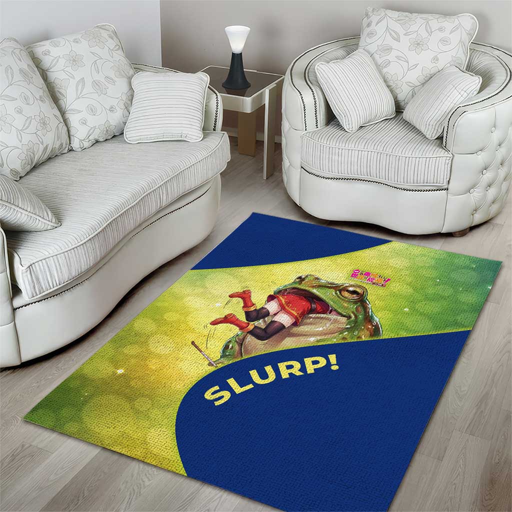 Giant Toad Encounter Area Rug Comedic Fantasy Creature Art Style