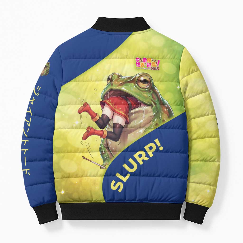 Giant Toad Encounter Bomber Puffer Jacket Comedic Fantasy Creature Art Style