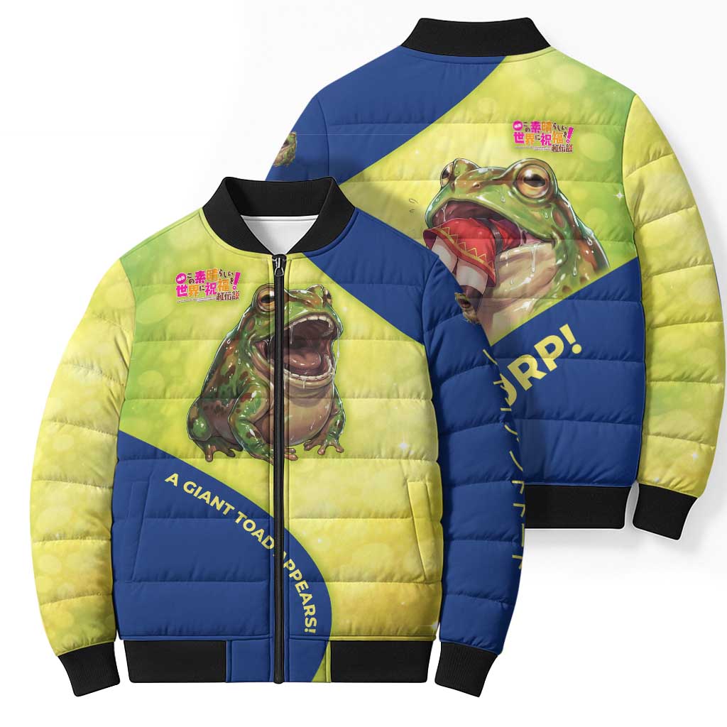 Giant Toad Encounter Bomber Puffer Jacket Comedic Fantasy Creature Art Style