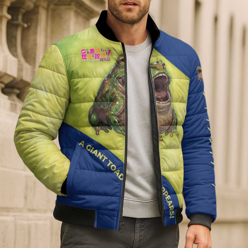 Giant Toad Encounter Bomber Puffer Jacket Comedic Fantasy Creature Art Style