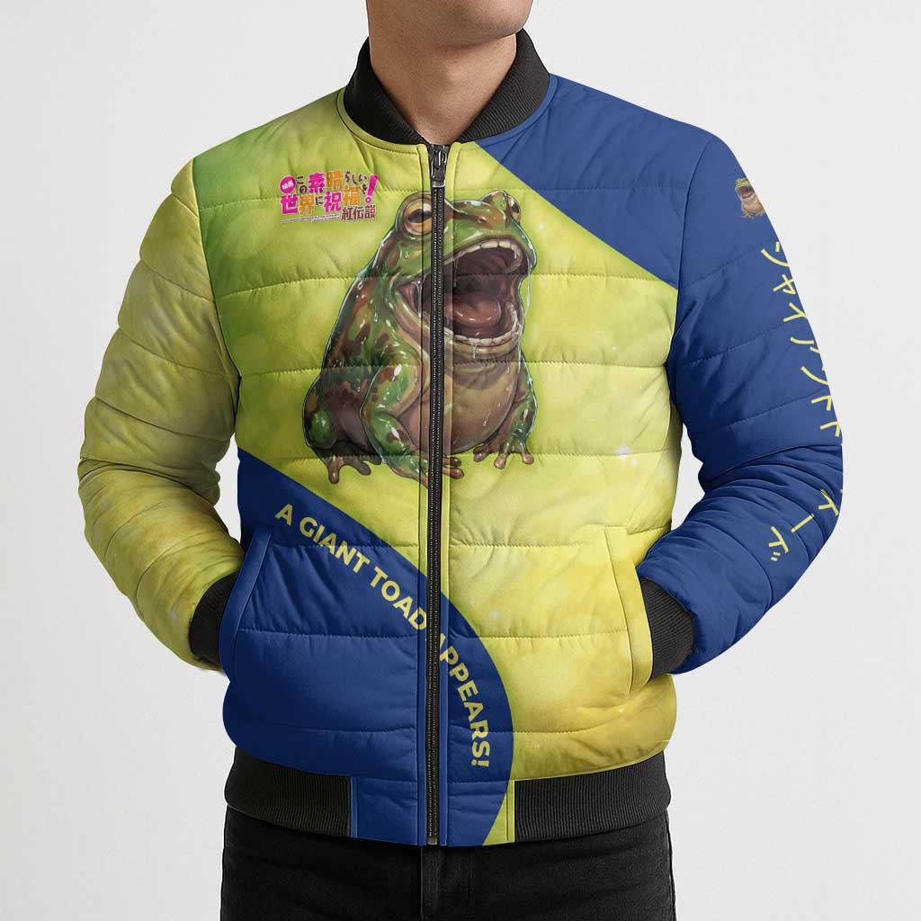 Giant Toad Encounter Bomber Puffer Jacket Comedic Fantasy Creature Art Style