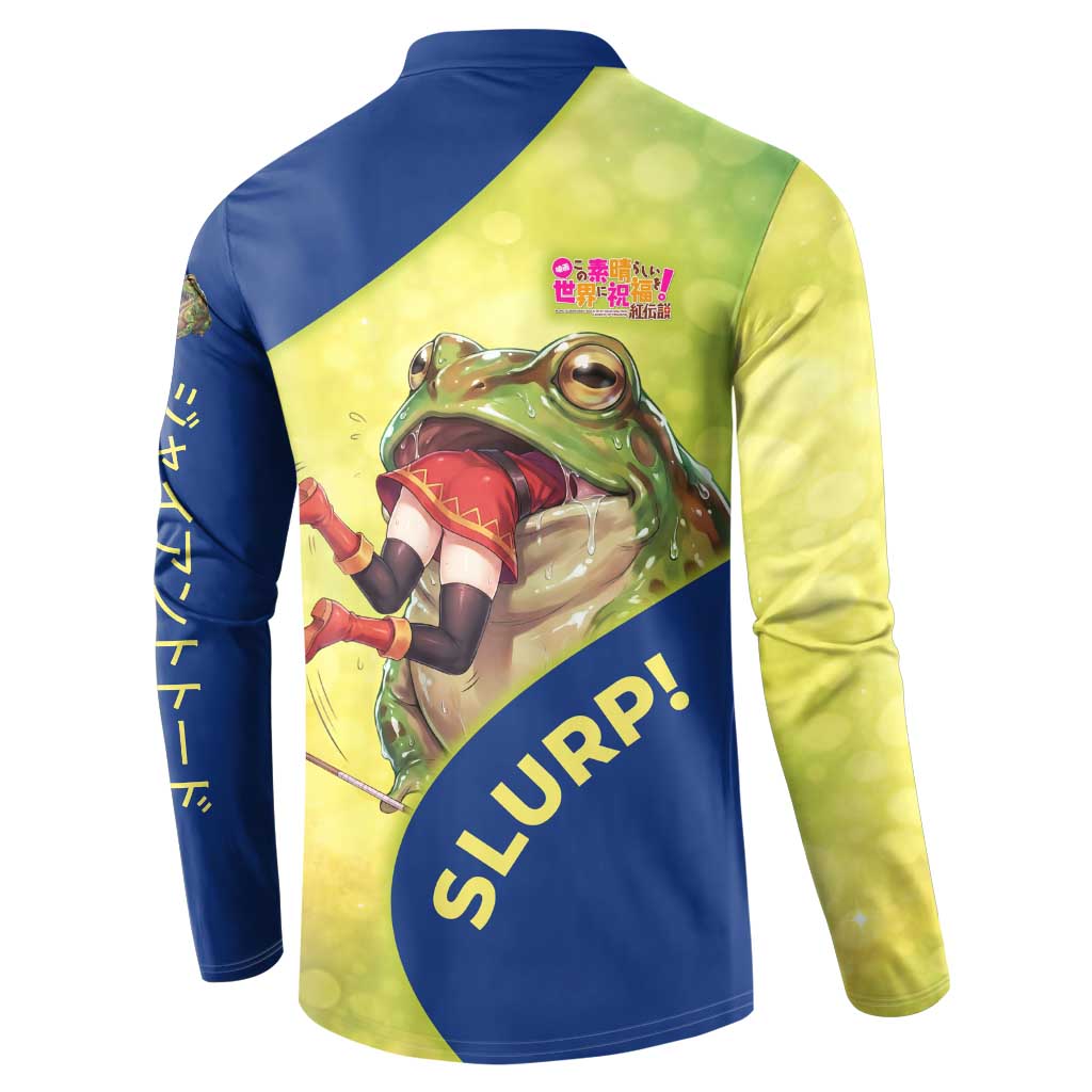 Giant Toad Encounter Button Sweatshirt Comedic Fantasy Creature Art Style