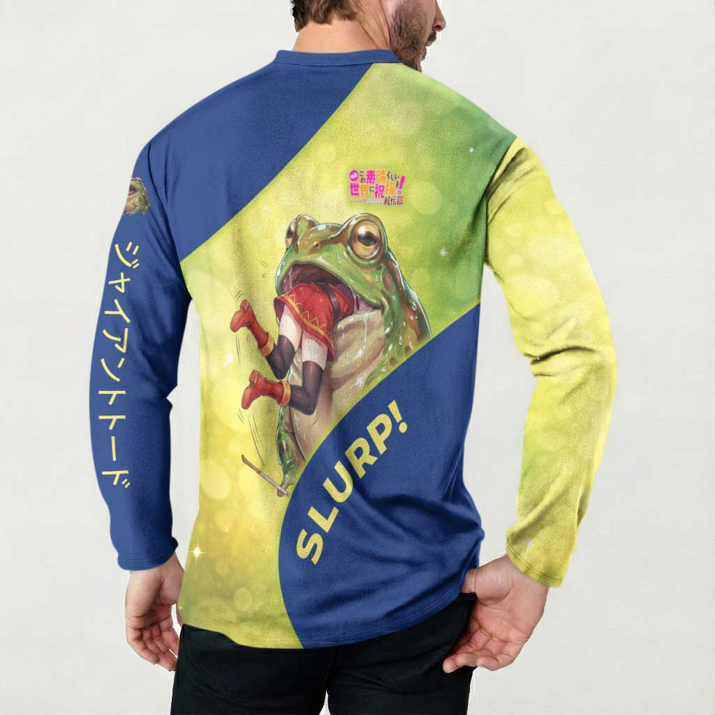 Giant Toad Encounter Button Sweatshirt Comedic Fantasy Creature Art Style
