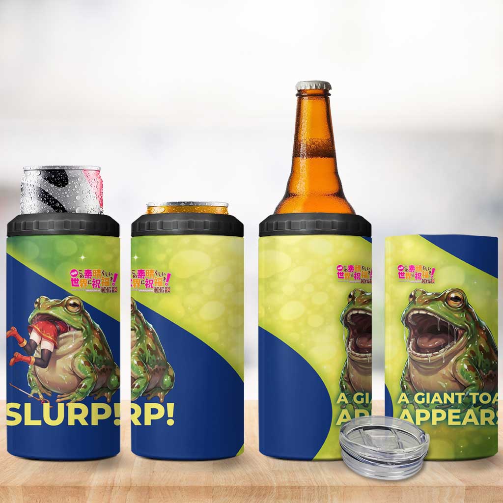 Giant Toad Encounter 4 in 1 Can Cooler Tumbler Comedic Fantasy Creature Art Style