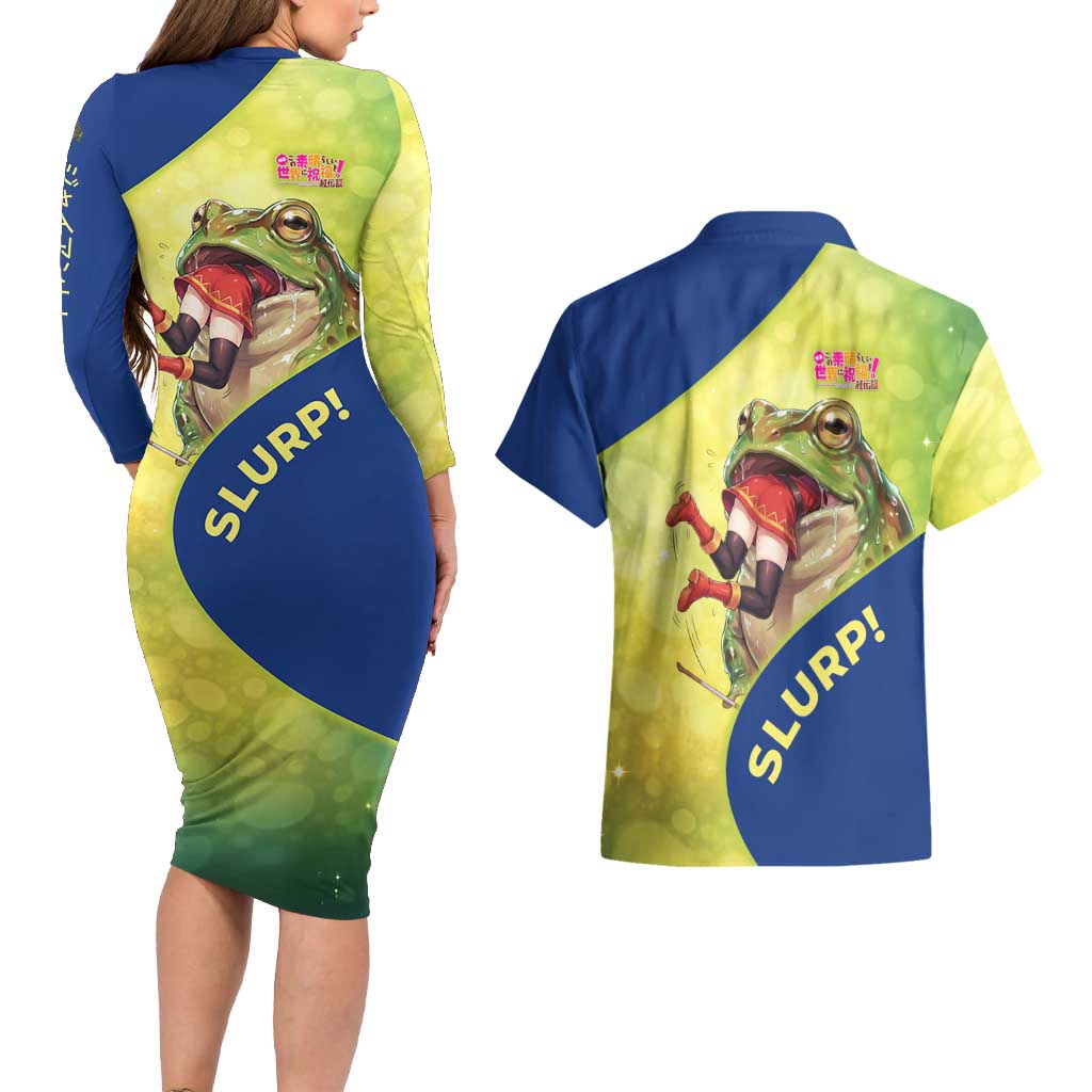 Giant Toad Encounter Couples Matching Long Sleeve Bodycon Dress and Hawaiian Shirt Comedic Fantasy Creature Art Style