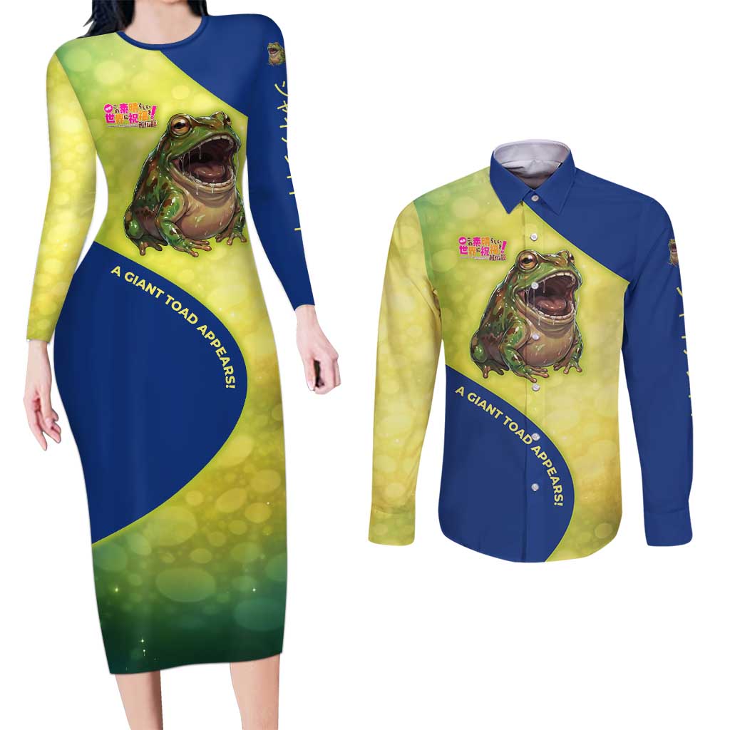 Giant Toad Encounter Couples Matching Long Sleeve Bodycon Dress and Long Sleeve Button Shirt Comedic Fantasy Creature Art Style