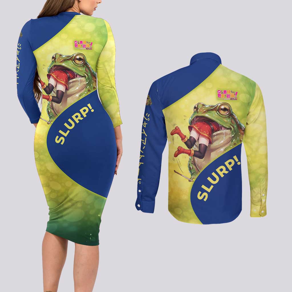 Giant Toad Encounter Couples Matching Long Sleeve Bodycon Dress and Long Sleeve Button Shirt Comedic Fantasy Creature Art Style