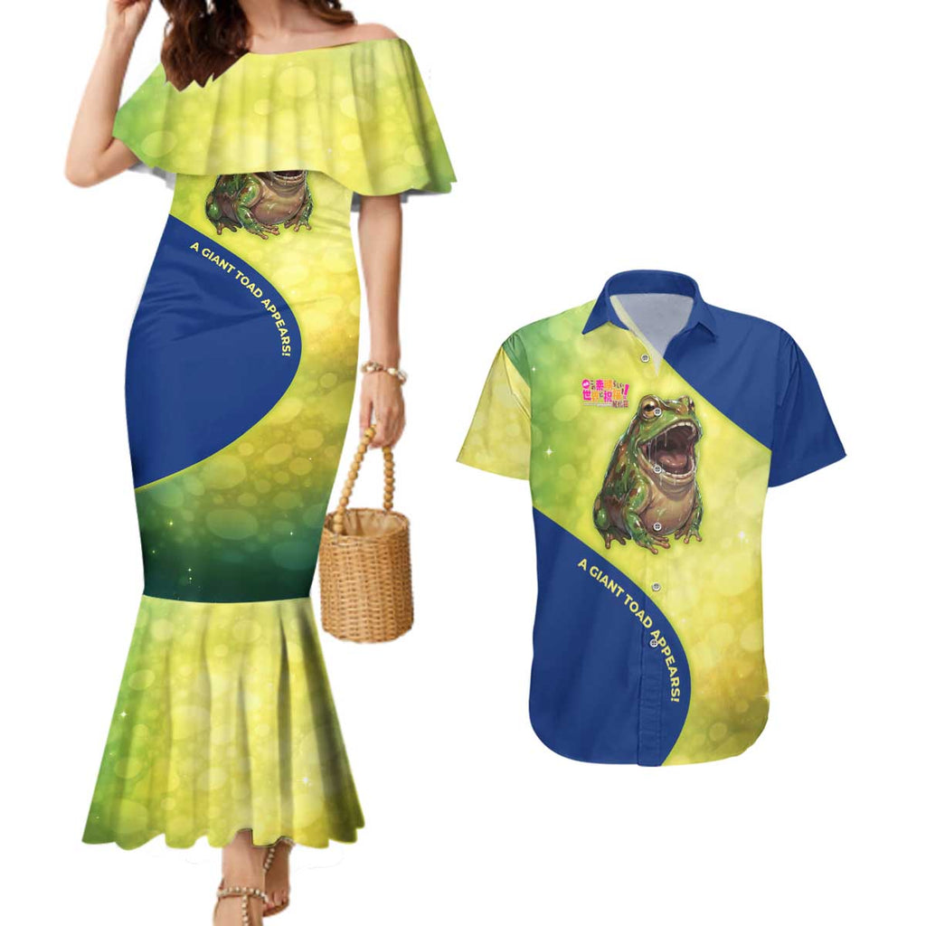 Giant Toad Encounter Couples Matching Mermaid Dress and Hawaiian Shirt Comedic Fantasy Creature Art Style