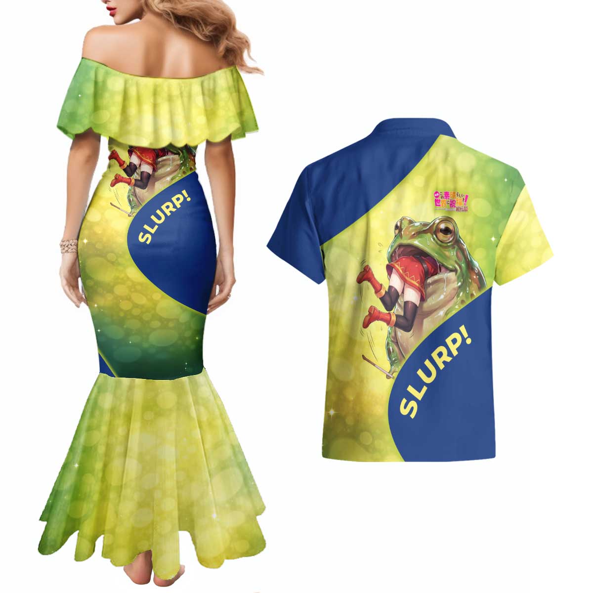 Giant Toad Encounter Couples Matching Mermaid Dress and Hawaiian Shirt Comedic Fantasy Creature Art Style