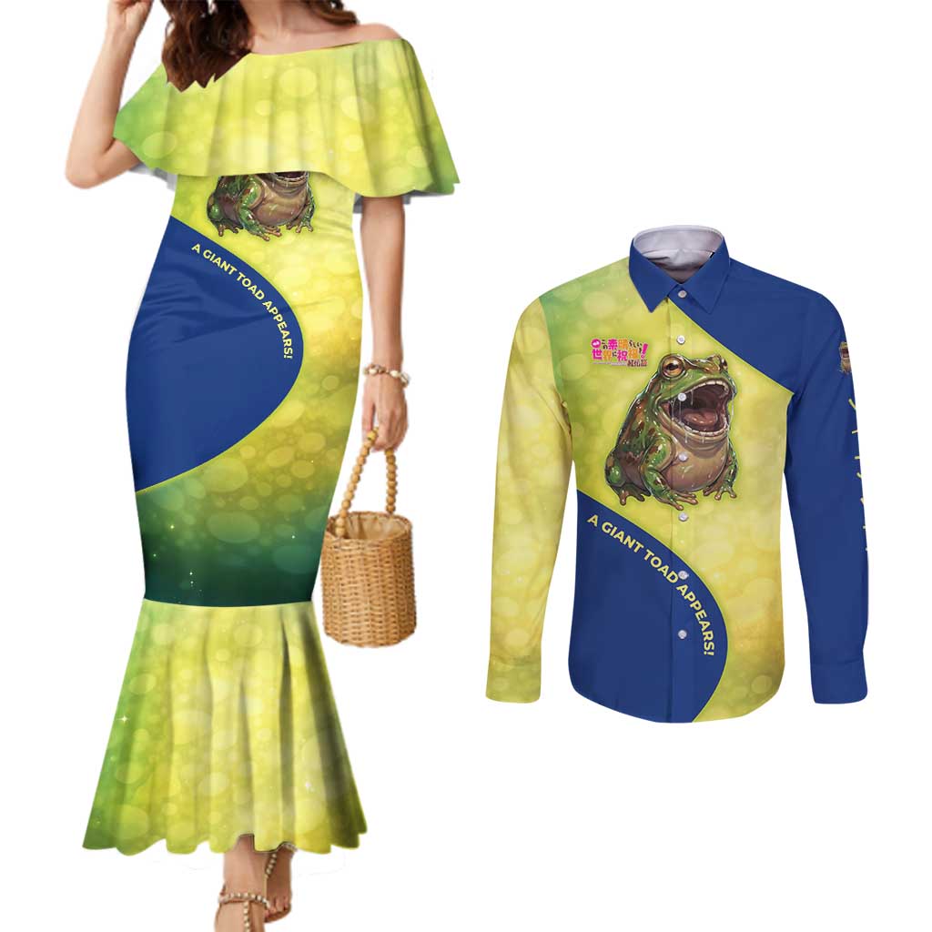 Giant Toad Encounter Couples Matching Mermaid Dress and Long Sleeve Button Shirt Comedic Fantasy Creature Art Style