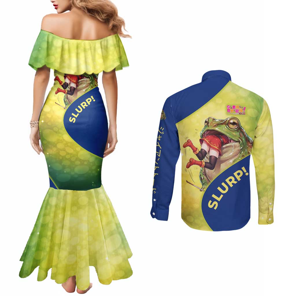 Giant Toad Encounter Couples Matching Mermaid Dress and Long Sleeve Button Shirt Comedic Fantasy Creature Art Style