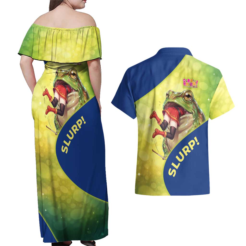 Giant Toad Encounter Couples Matching Off Shoulder Maxi Dress and Hawaiian Shirt Comedic Fantasy Creature Art Style