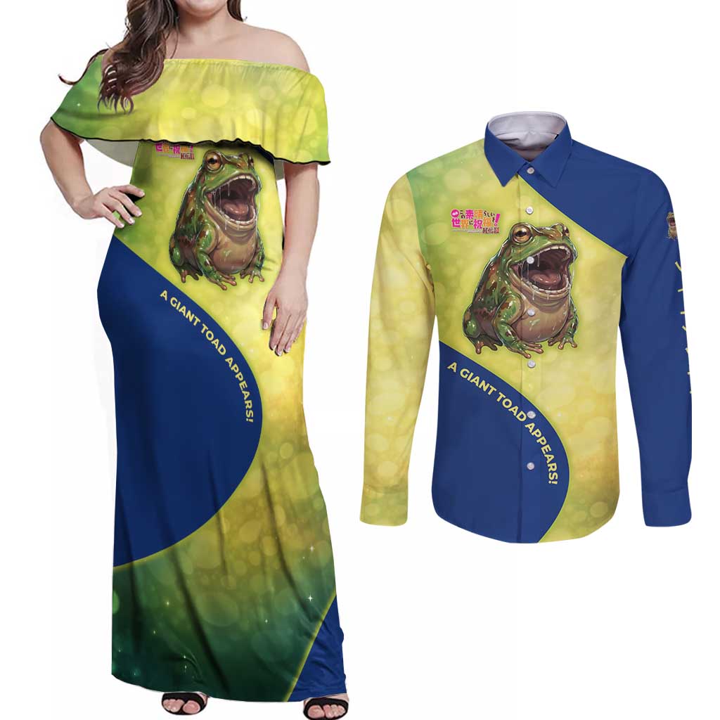 Giant Toad Encounter Couples Matching Off Shoulder Maxi Dress and Long Sleeve Button Shirt Comedic Fantasy Creature Art Style