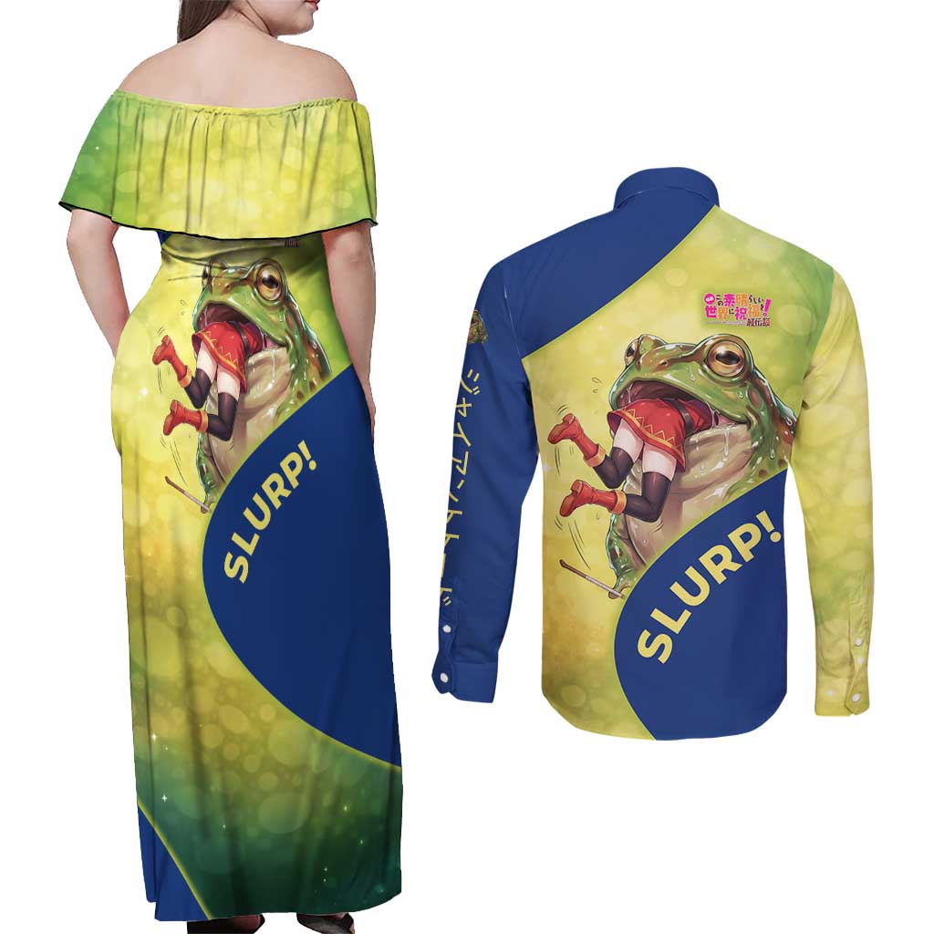 Giant Toad Encounter Couples Matching Off Shoulder Maxi Dress and Long Sleeve Button Shirt Comedic Fantasy Creature Art Style