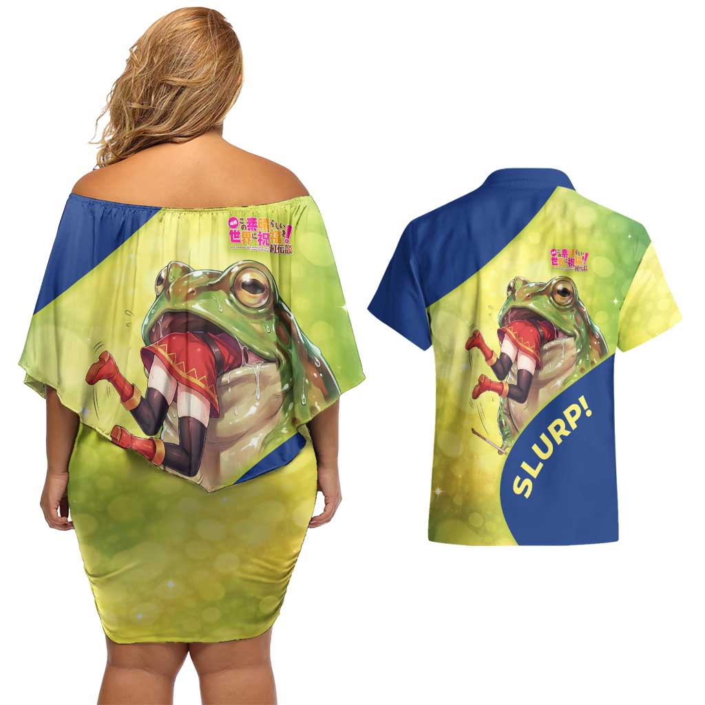 Giant Toad Encounter Couples Matching Off Shoulder Short Dress and Hawaiian Shirt Comedic Fantasy Creature Art Style