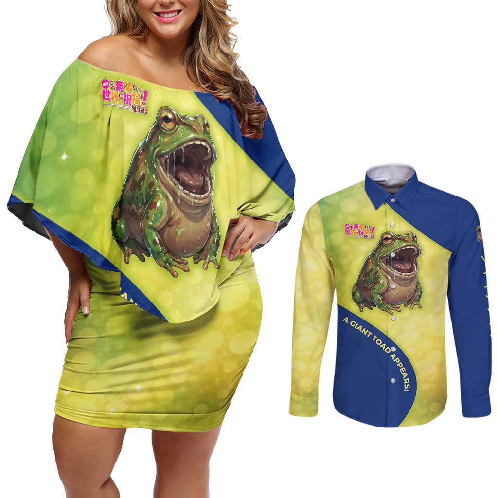 Giant Toad Encounter Couples Matching Off Shoulder Short Dress and Long Sleeve Button Shirt Comedic Fantasy Creature Art Style