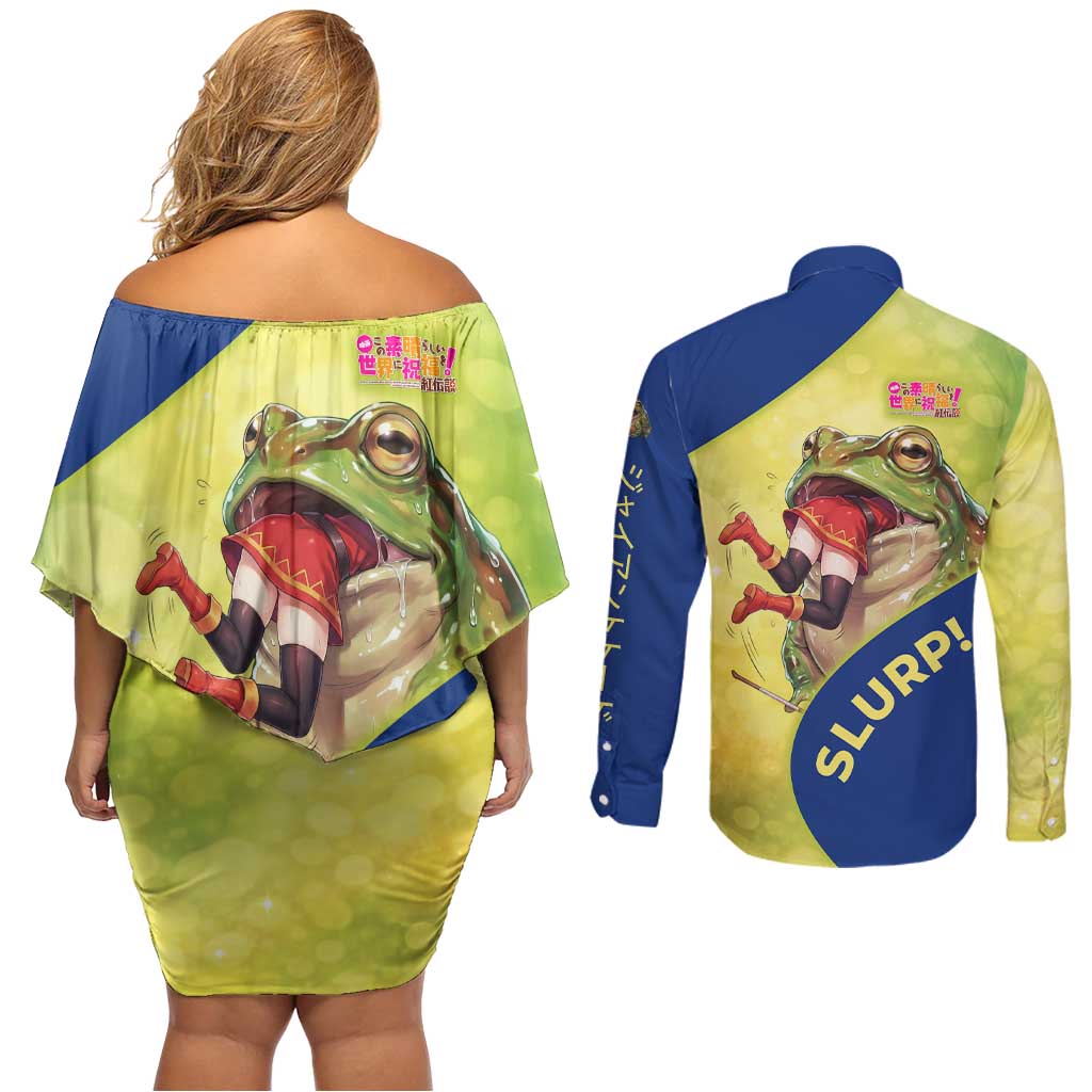 Giant Toad Encounter Couples Matching Off Shoulder Short Dress and Long Sleeve Button Shirt Comedic Fantasy Creature Art Style