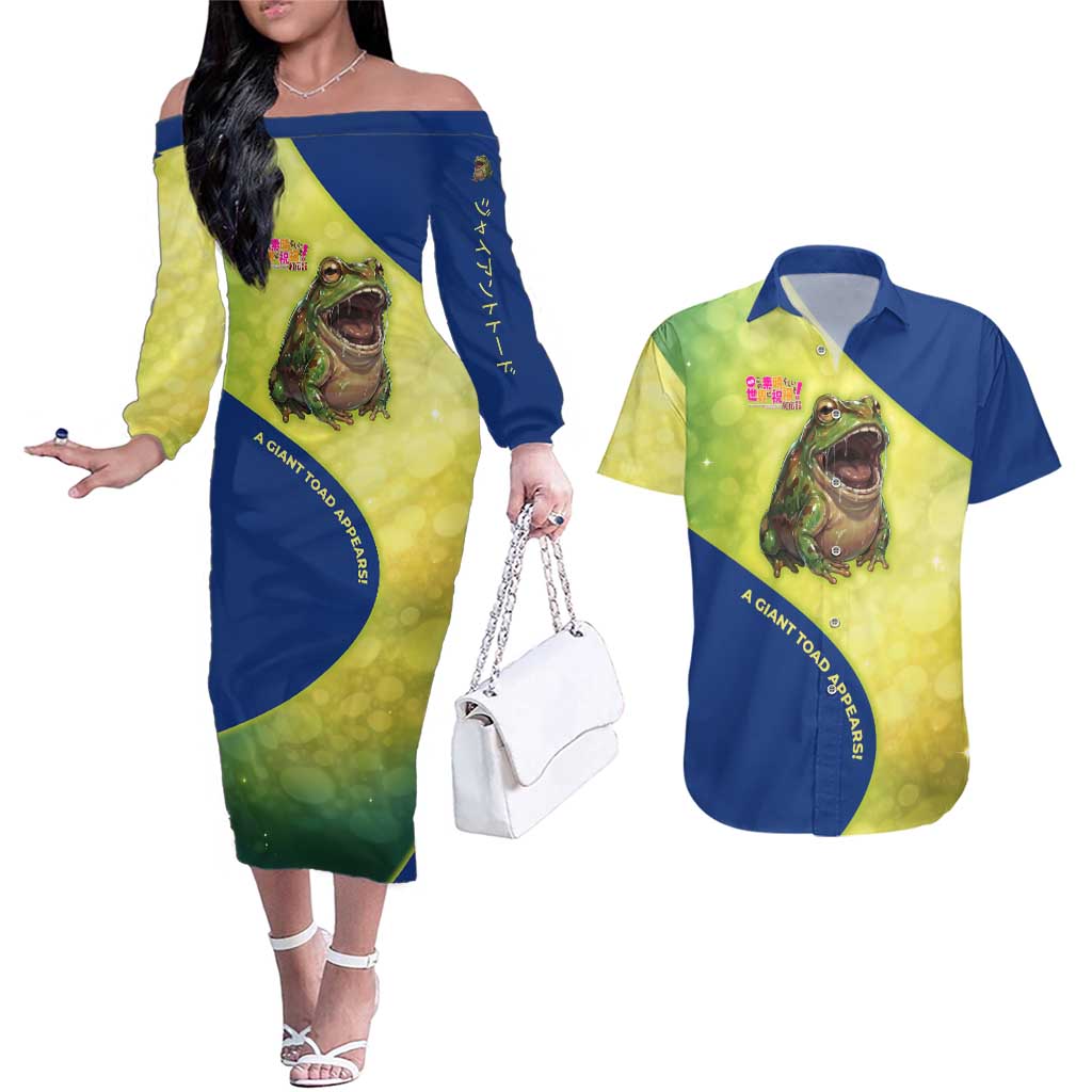 Giant Toad Encounter Couples Matching Off The Shoulder Long Sleeve Dress and Hawaiian Shirt Comedic Fantasy Creature Art Style