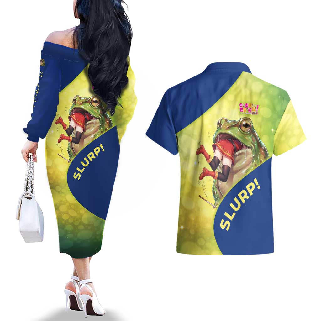 Giant Toad Encounter Couples Matching Off The Shoulder Long Sleeve Dress and Hawaiian Shirt Comedic Fantasy Creature Art Style