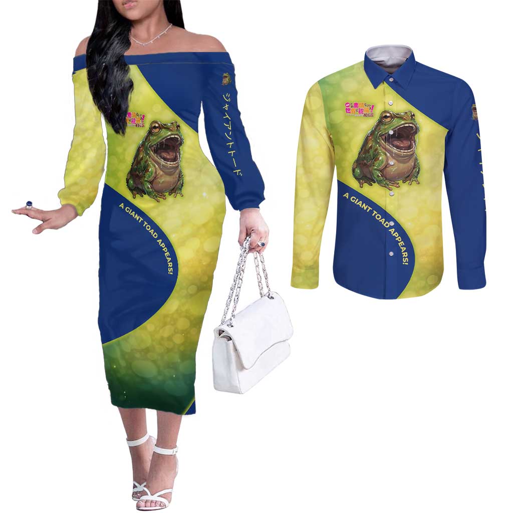 Giant Toad Encounter Couples Matching Off The Shoulder Long Sleeve Dress and Long Sleeve Button Shirt Comedic Fantasy Creature Art Style