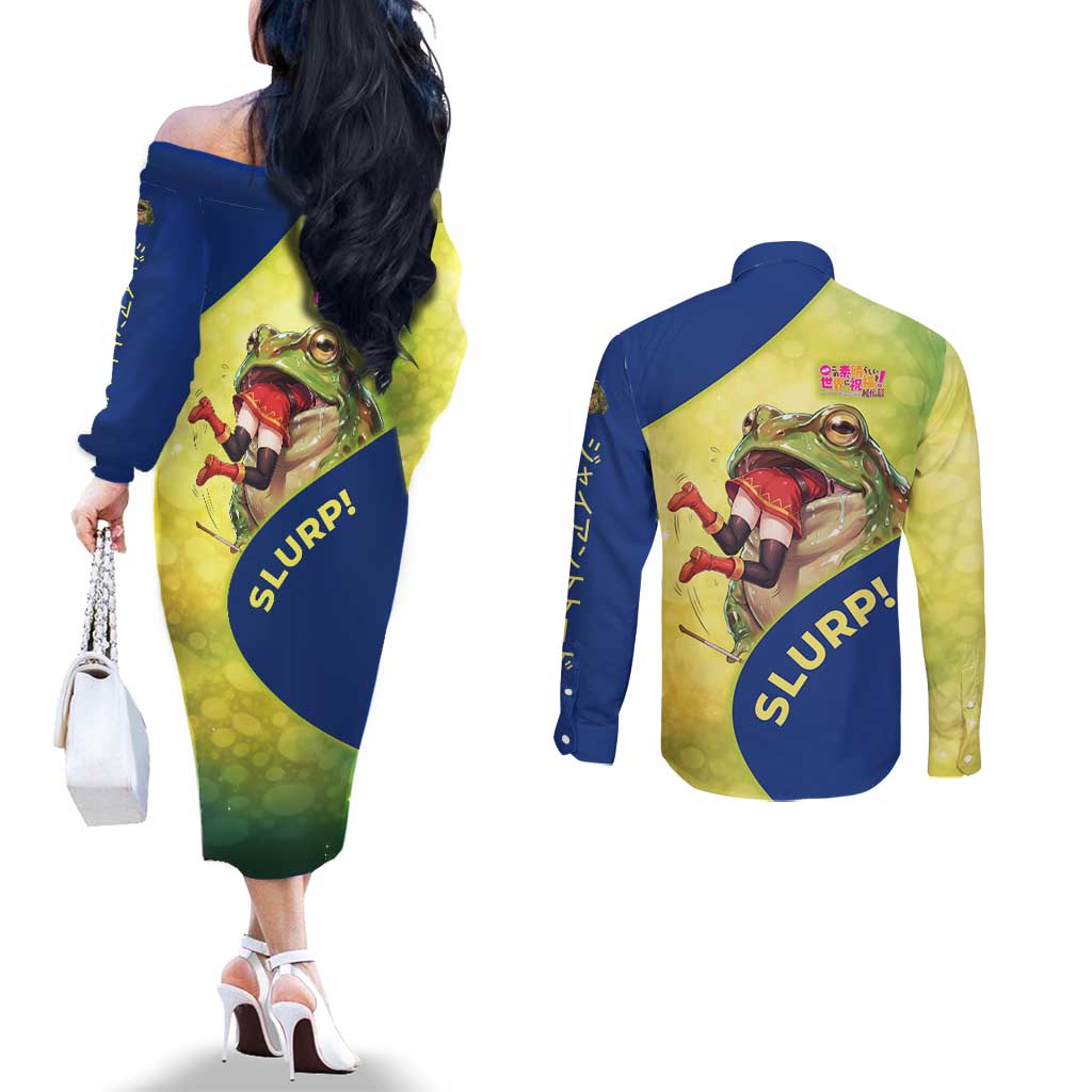 Giant Toad Encounter Couples Matching Off The Shoulder Long Sleeve Dress and Long Sleeve Button Shirt Comedic Fantasy Creature Art Style