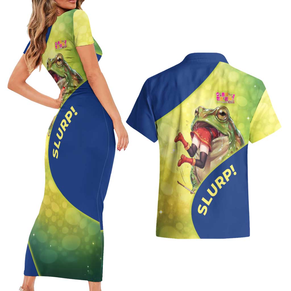 Giant Toad Encounter Couples Matching Short Sleeve Bodycon Dress and Hawaiian Shirt Comedic Fantasy Creature Art Style