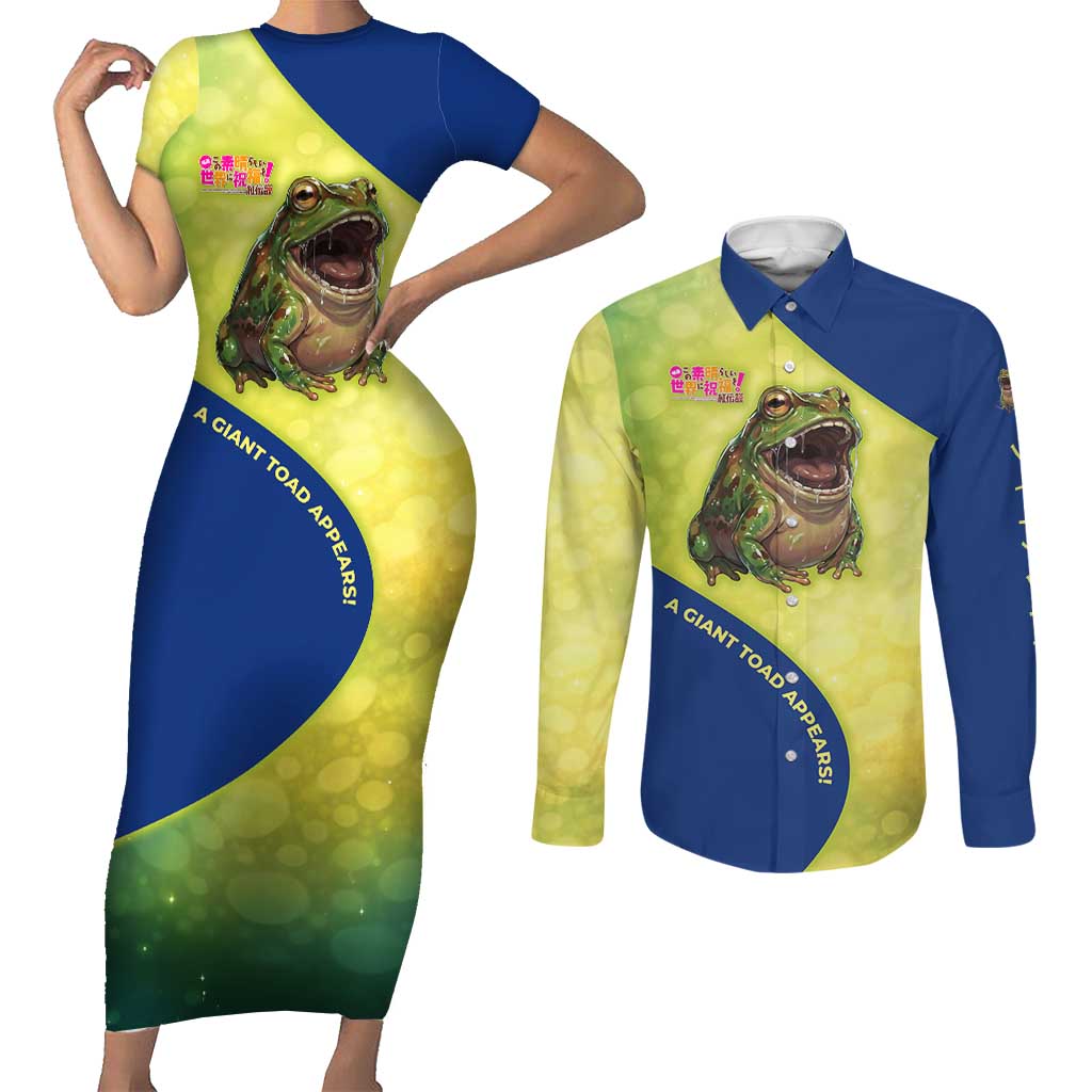 Giant Toad Encounter Couples Matching Short Sleeve Bodycon Dress and Long Sleeve Button Shirt Comedic Fantasy Creature Art Style
