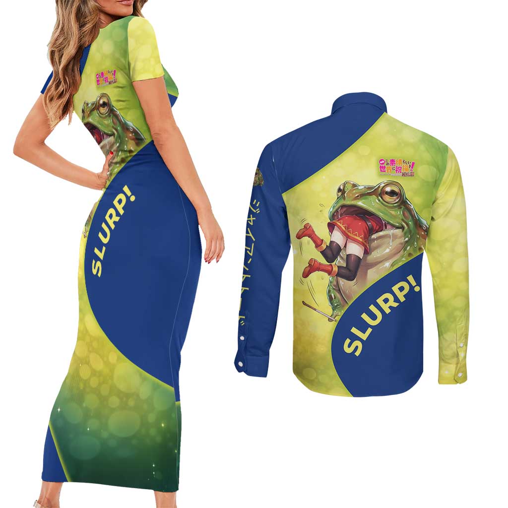 Giant Toad Encounter Couples Matching Short Sleeve Bodycon Dress and Long Sleeve Button Shirt Comedic Fantasy Creature Art Style