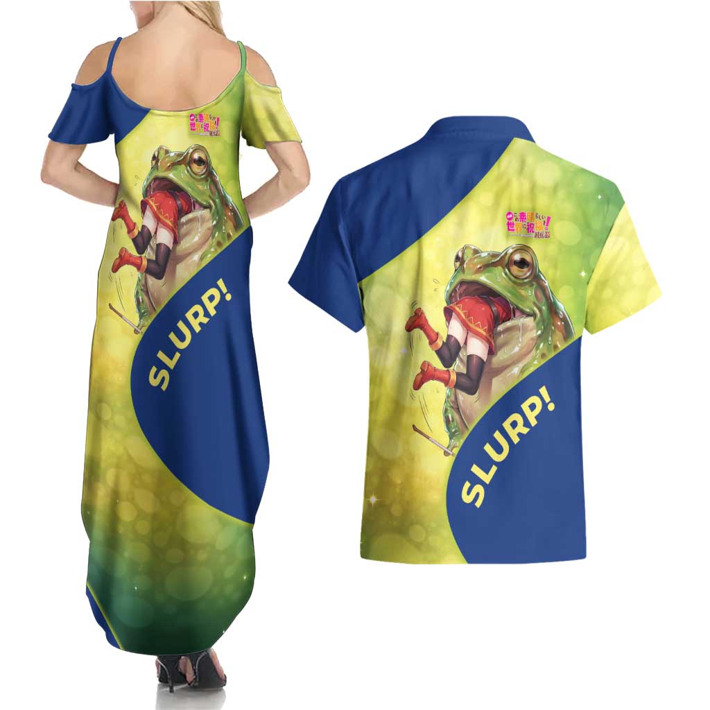 Giant Toad Encounter Couples Matching Summer Maxi Dress and Hawaiian Shirt Comedic Fantasy Creature Art Style
